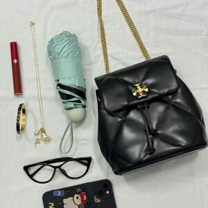 Tory Burch Kira Diamond Black Leather Backpack with Gold Accents